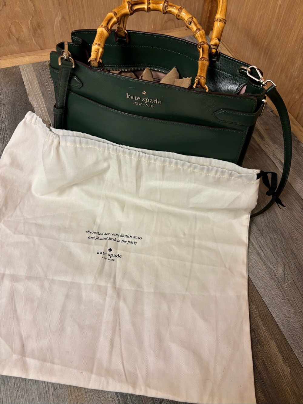 Kate Spade Custom- Hand Painted Dark Green Large Satchel w/ Bamboo Handles - Picture 8 of 9
